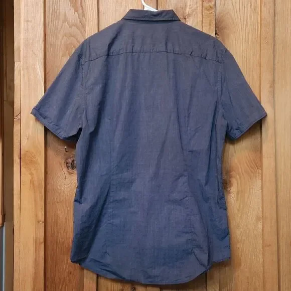 John Varvatos Luxe Short Sleeve 100% Cotton Button Down Shirt, Large, Blue - Picture 2 of 7